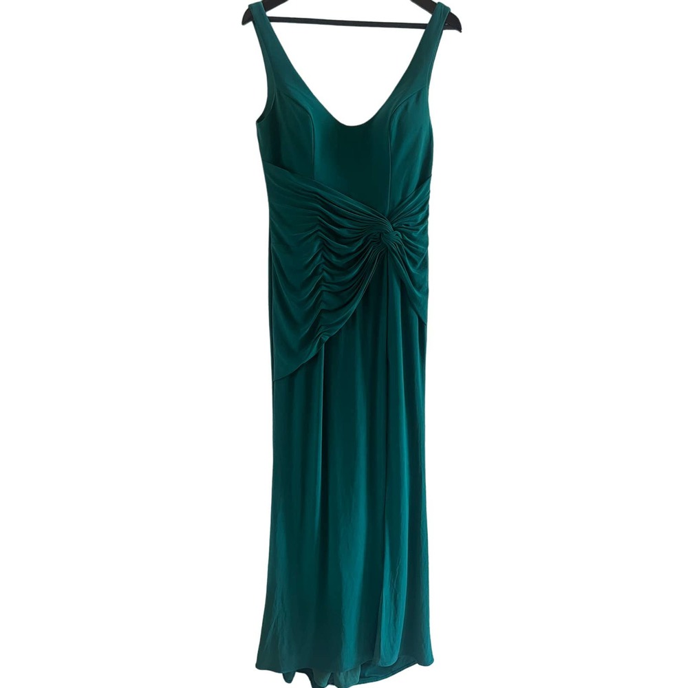 NEW $278 Ieena for Mac Duggal Ruched Waist Column Gown Emerald Green - Picture 2 of 6